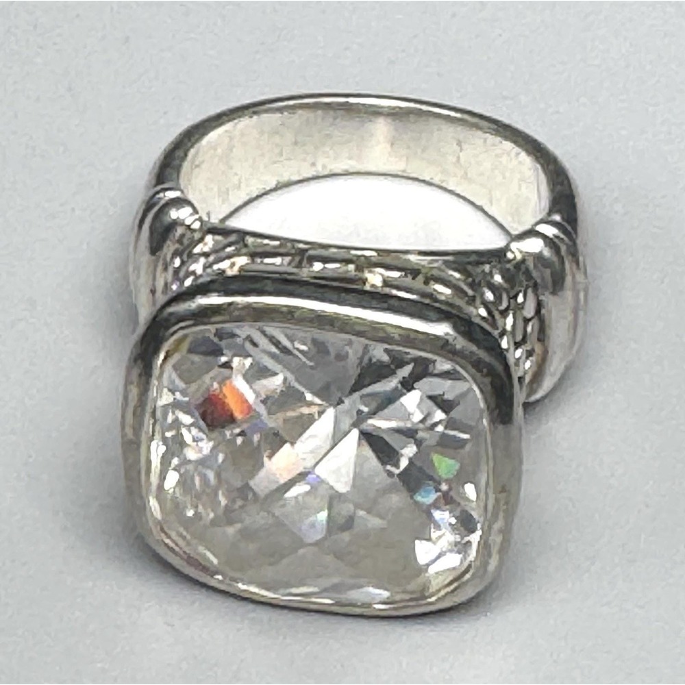 Sterling Silver Clear Faceted Stone Statement Ring Checkerboard Cut Size 7